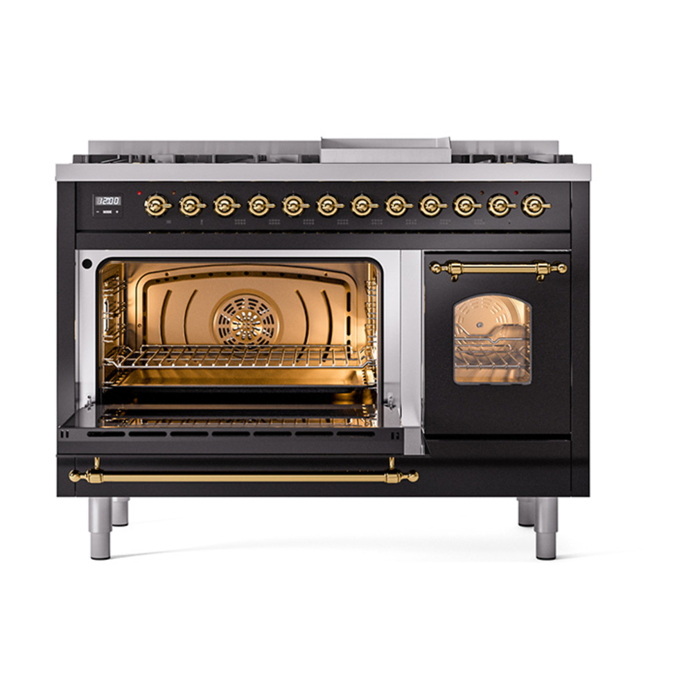 Nostalgie II 48 UP48FNMPBKG Freestanding Dual Fuel Range with 8 Sealed Burners with Griddle Double Oven with Triple Glass Door with Brass knobs UP48FNMPBKG