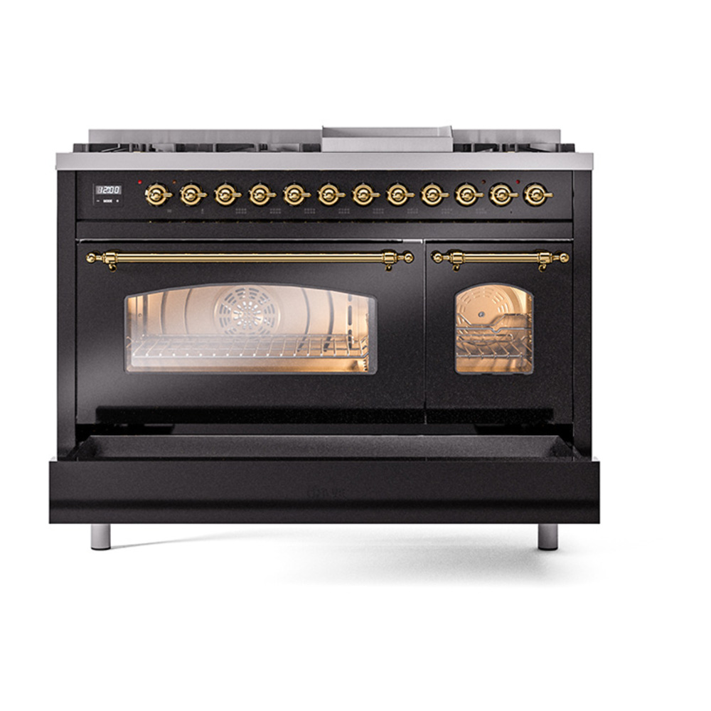 Nostalgie II 48 UP48FNMPBKG Freestanding Dual Fuel Range with 8 Sealed Burners with Griddle Double Oven with Triple Glass Door with Brass knobs UP48FNMPBKG