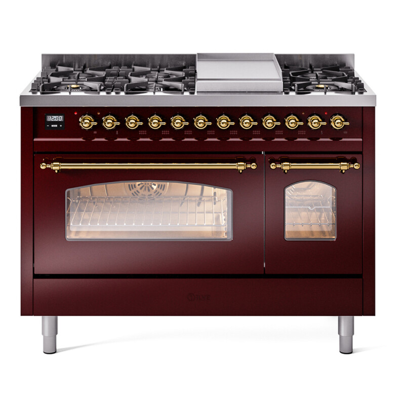 Nostalgie II 48 UP48FNMPBUG Freestanding Dual Fuel Range with 8 Sealed Burners with Griddle Double Oven with Triple Glass Door with Brass knobs UP48FNMPBUG