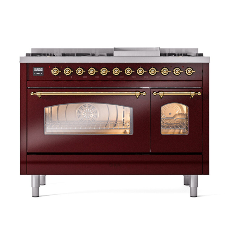 Nostalgie II 48 UP48FNMPBUG Freestanding Dual Fuel Range with 8 Sealed Burners with Griddle Double Oven with Triple Glass Door with Brass knobs UP48FNMPBUG