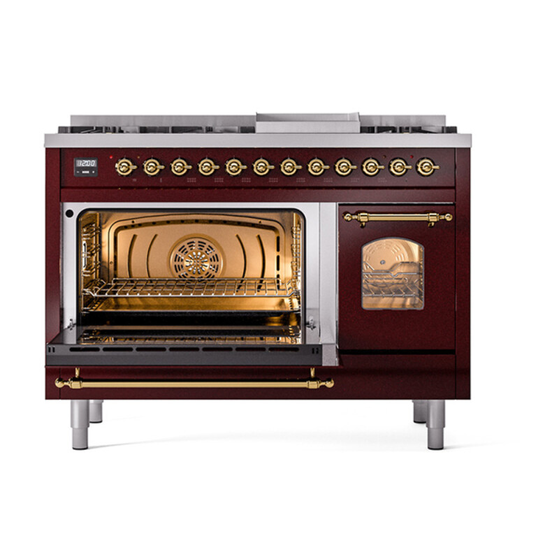 Nostalgie II 48 UP48FNMPBUG Freestanding Dual Fuel Range with 8 Sealed Burners with Griddle Double Oven with Triple Glass Door with Brass knobs UP48FNMPBUG