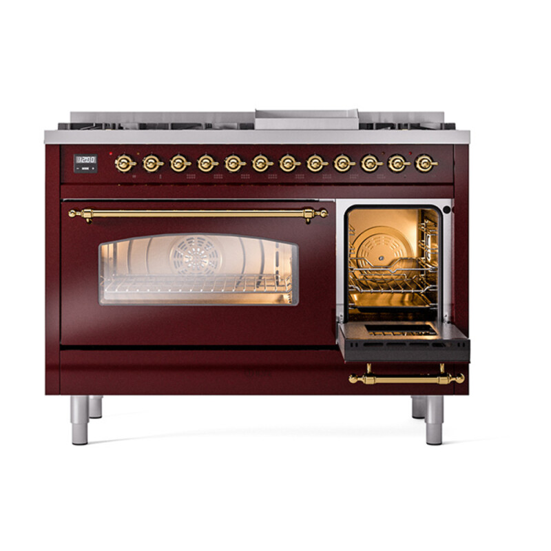 Nostalgie II 48 UP48FNMPBUG Freestanding Dual Fuel Range with 8 Sealed Burners with Griddle Double Oven with Triple Glass Door with Brass knobs UP48FNMPBUG