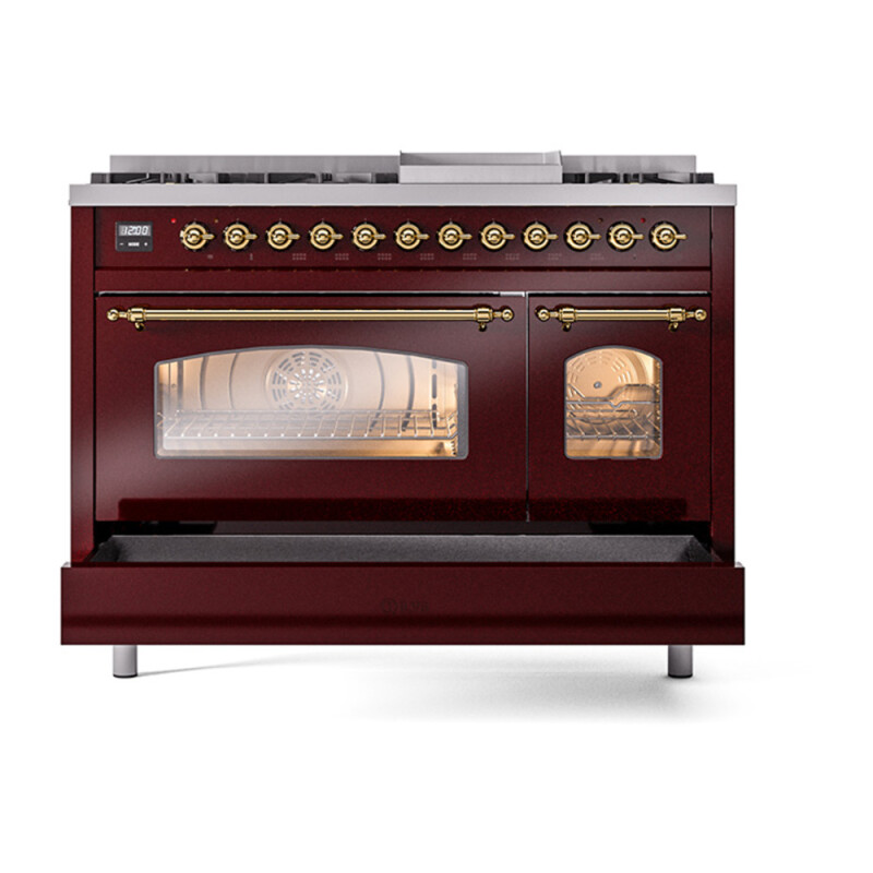 Nostalgie II 48 UP48FNMPBUG Freestanding Dual Fuel Range with 8 Sealed Burners with Griddle Double Oven with Triple Glass Door with Brass knobs UP48FNMPBUG