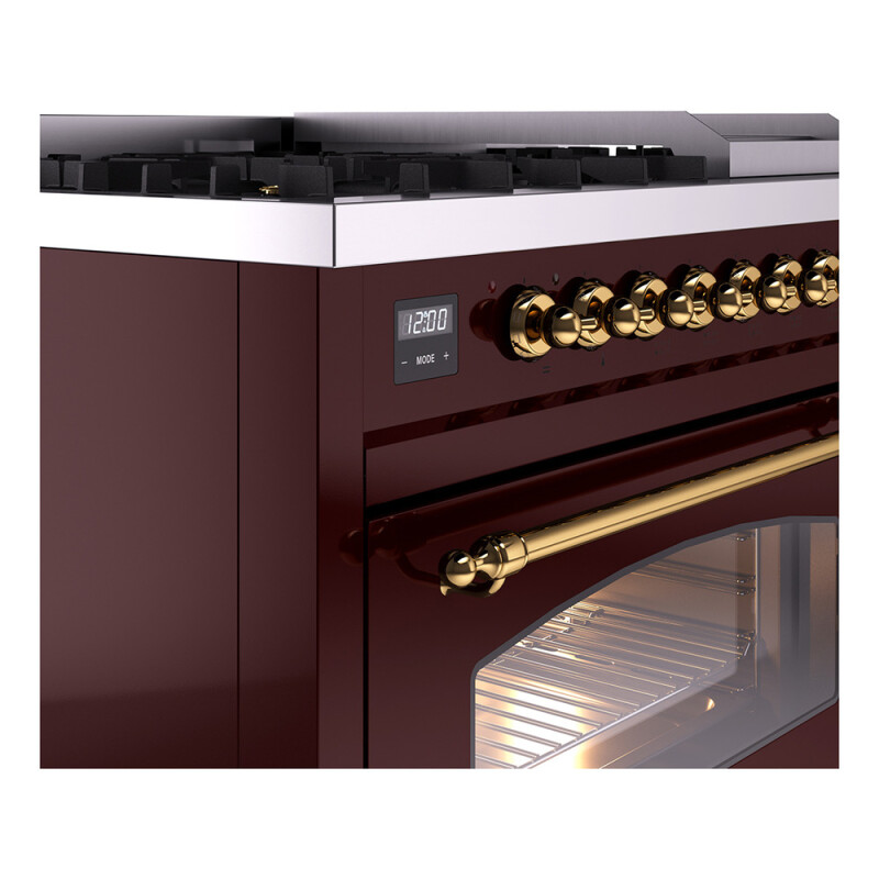 Nostalgie II 48 UP48FNMPBUG Freestanding Dual Fuel Range with 8 Sealed Burners with Griddle Double Oven with Triple Glass Door with Brass knobs UP48FNMPBUG