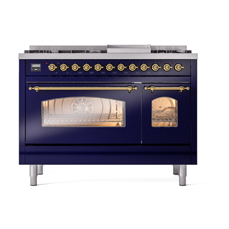 Nostalgie II Series 48 inch Freestanding Dual Fuel Range with Natural Gas, 8 Sealed Burners, Double Ovens, 5.02 cu. ft. Total Oven Capacity, Griddle, Convection Oven, Continuous Grates, Viewi UP48FNMPMBG