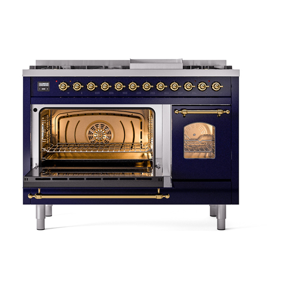 Nostalgie II Series 48 inch Freestanding Dual Fuel Range with Natural Gas, 8 Sealed Burners, Double Ovens, 5.02 cu. ft. Total Oven Capacity, Griddle, Convection Oven, Continuous Grates, Viewi UP48FNMPMBG