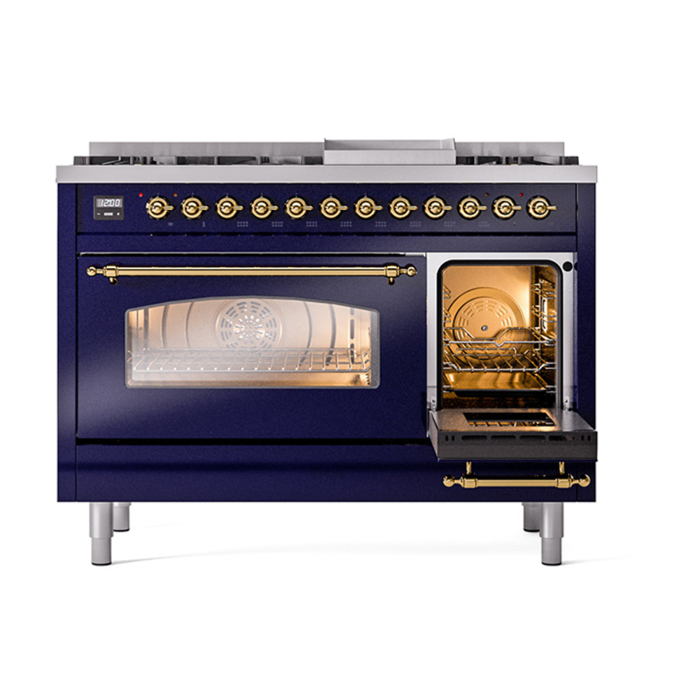 Nostalgie II Series 48 inch Freestanding Dual Fuel Range with Natural Gas, 8 Sealed Burners, Double Ovens, 5.02 cu. ft. Total Oven Capacity, Griddle, Convection Oven, Continuous Grates, Viewi UP48FNMPMBG