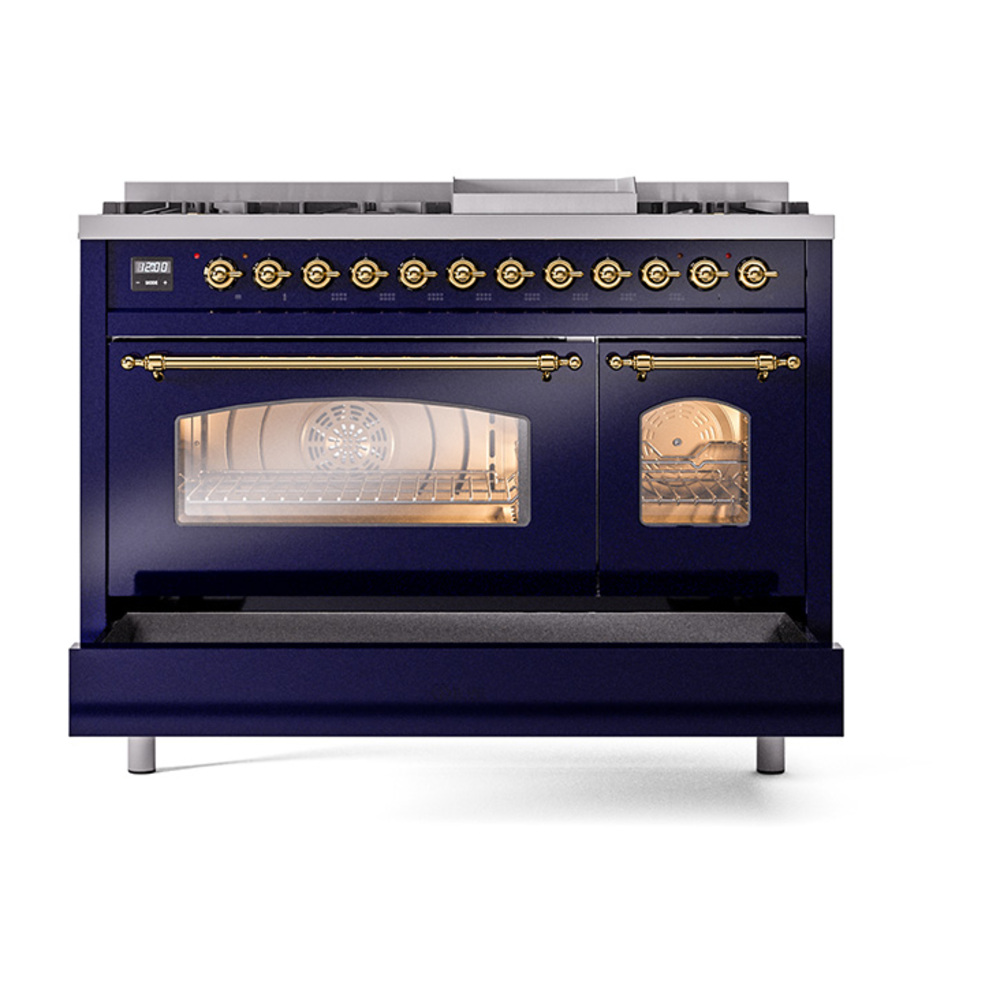 Nostalgie II Series 48 inch Freestanding Dual Fuel Range with Natural Gas, 8 Sealed Burners, Double Ovens, 5.02 cu. ft. Total Oven Capacity, Griddle, Convection Oven, Continuous Grates, Viewi UP48FNMPMBG