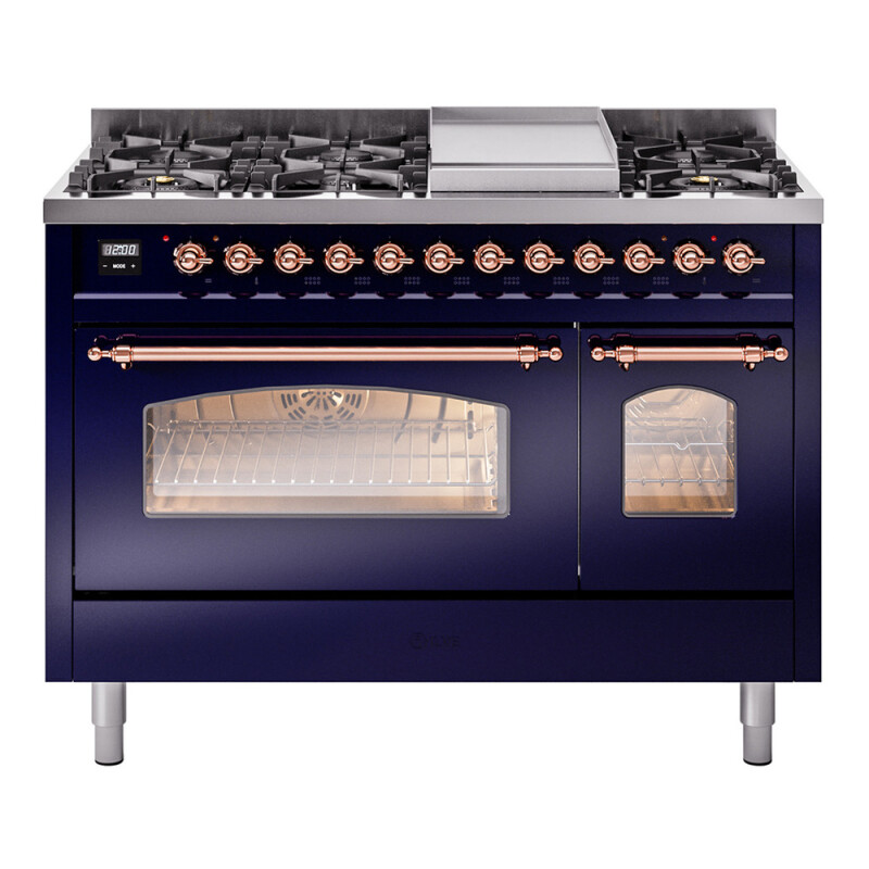 Nostalgie II 48 UP48FNMPMBP Freestanding Dual Fuel Range with 8 Sealed Burners with Griddle Double Oven with Triple Glass Door with Copper knobs UP48FNMPMBP