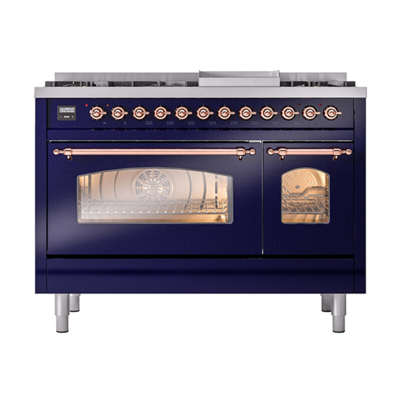 Nostalgie II 48 UP48FNMPMBP Freestanding Dual Fuel Range with 8 Sealed Burners with Griddle Double Oven with Triple Glass Door with Copper knobs UP48FNMPMBP