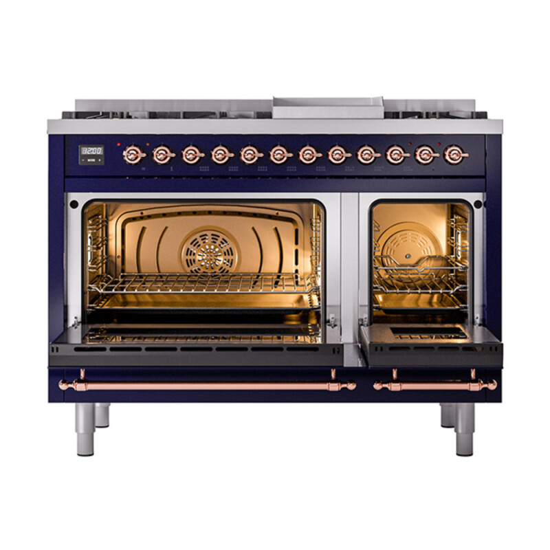 Nostalgie II 48 UP48FNMPMBP Freestanding Dual Fuel Range with 8 Sealed Burners with Griddle Double Oven with Triple Glass Door with Copper knobs UP48FNMPMBP