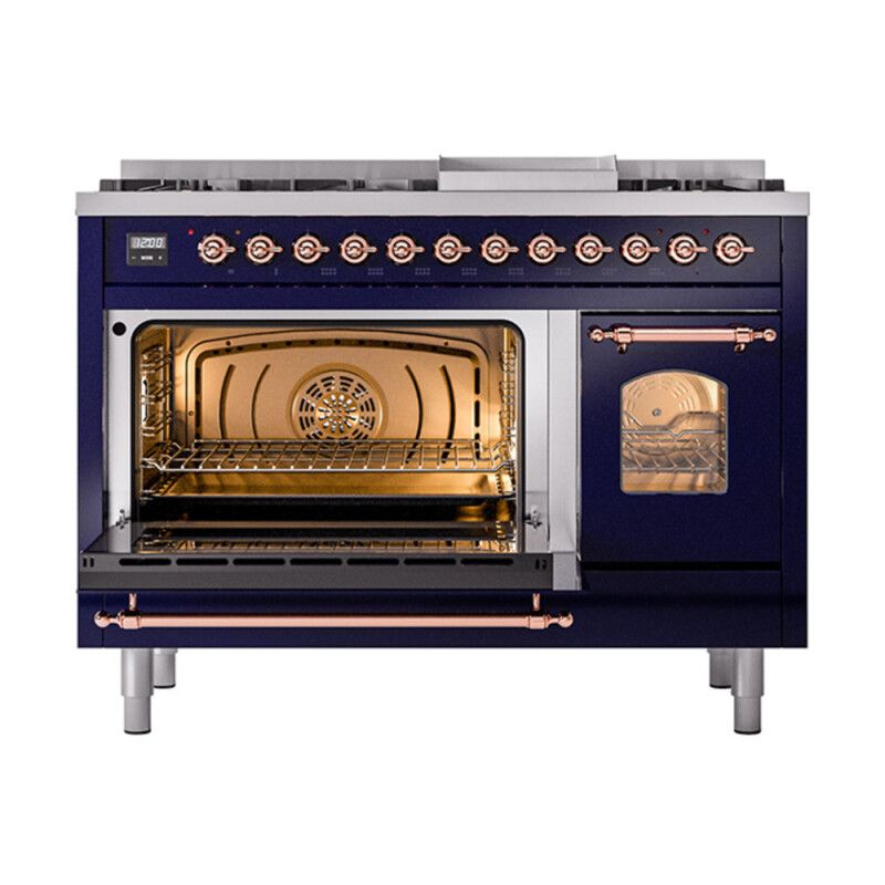 Nostalgie II 48 UP48FNMPMBP Freestanding Dual Fuel Range with 8 Sealed Burners with Griddle Double Oven with Triple Glass Door with Copper knobs UP48FNMPMBP