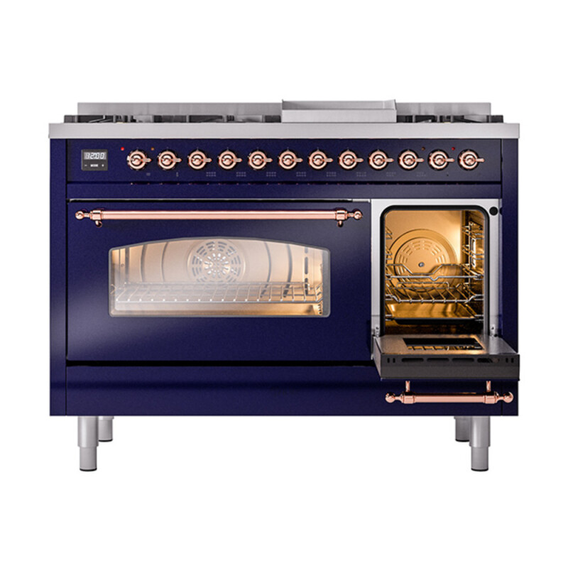Nostalgie II 48 UP48FNMPMBP Freestanding Dual Fuel Range with 8 Sealed Burners with Griddle Double Oven with Triple Glass Door with Copper knobs UP48FNMPMBP