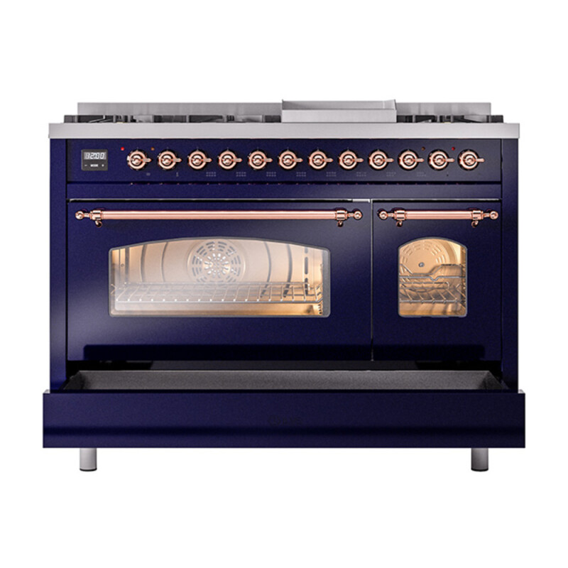 Nostalgie II 48 UP48FNMPMBP Freestanding Dual Fuel Range with 8 Sealed Burners with Griddle Double Oven with Triple Glass Door with Copper knobs UP48FNMPMBP
