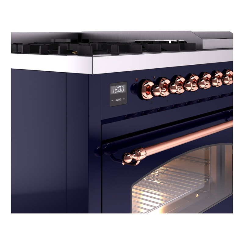 Nostalgie II 48 UP48FNMPMBP Freestanding Dual Fuel Range with 8 Sealed Burners with Griddle Double Oven with Triple Glass Door with Copper knobs UP48FNMPMBP