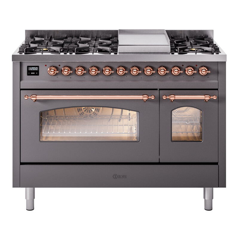 Nostalgie II 48 UP48FNMPMGP Freestanding Dual Fuel Range with 8 Sealed Burners with Griddle Double Oven with Triple Glass Door with Copper knobs UP48FNMPMGP