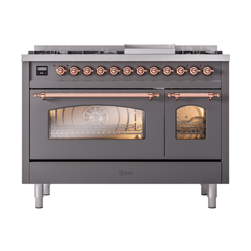 Nostalgie II 48 UP48FNMPMGP Freestanding Dual Fuel Range with 8 Sealed Burners with Griddle Double Oven with Triple Glass Door with Copper knobs UP48FNMPMGP