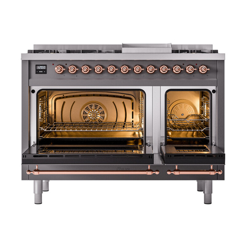 Nostalgie II 48 UP48FNMPMGP Freestanding Dual Fuel Range with 8 Sealed Burners with Griddle Double Oven with Triple Glass Door with Copper knobs UP48FNMPMGP
