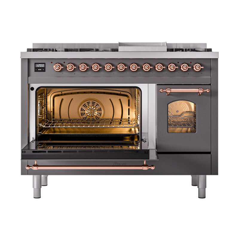 Nostalgie II 48 UP48FNMPMGP Freestanding Dual Fuel Range with 8 Sealed Burners with Griddle Double Oven with Triple Glass Door with Copper knobs UP48FNMPMGP
