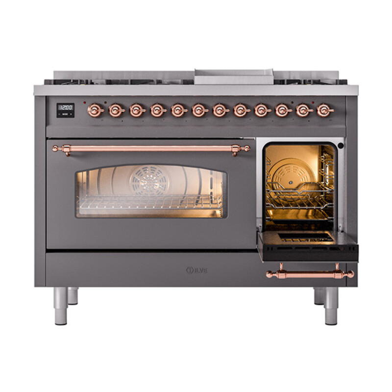 Nostalgie II 48 UP48FNMPMGP Freestanding Dual Fuel Range with 8 Sealed Burners with Griddle Double Oven with Triple Glass Door with Copper knobs UP48FNMPMGP