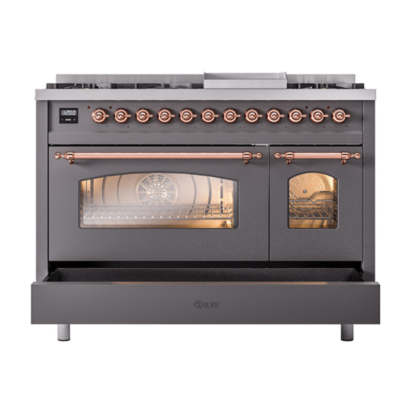 Nostalgie II 48 UP48FNMPMGP Freestanding Dual Fuel Range with 8 Sealed Burners with Griddle Double Oven with Triple Glass Door with Copper knobs UP48FNMPMGP