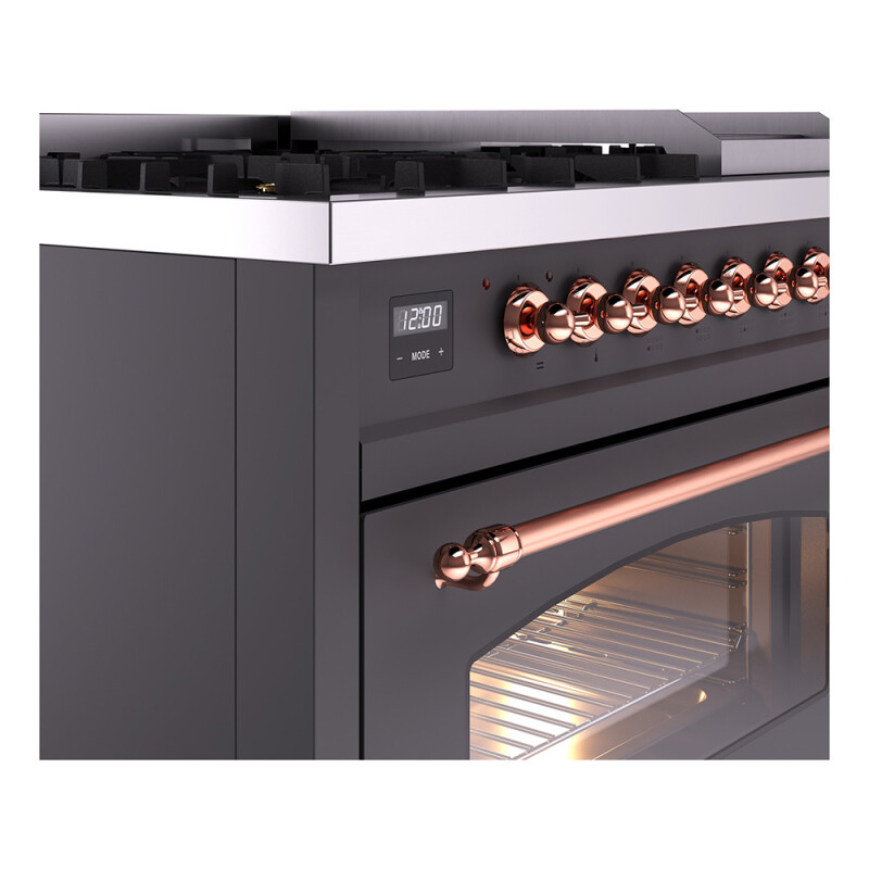 Nostalgie II 48 UP48FNMPMGP Freestanding Dual Fuel Range with 8 Sealed Burners with Griddle Double Oven with Triple Glass Door with Copper knobs UP48FNMPMGP