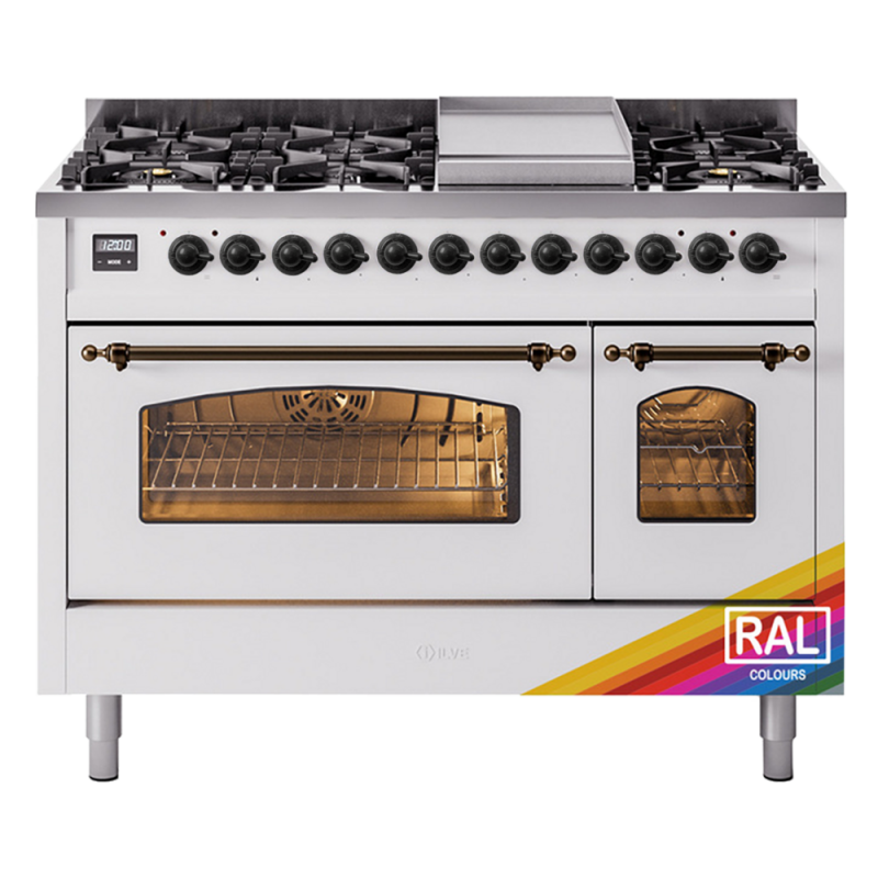 Nostalgie II 48 UP48FNMPRAB Freestanding Dual Fuel Range with 8 Sealed Burners with Griddle Double Oven with Triple Glass Door with Bronze knobs UP48FNMPRAB