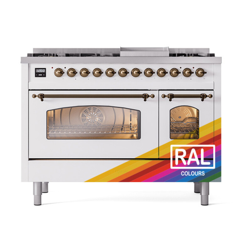 Nostalgie II 48 UP48FNMPRAB Freestanding Dual Fuel Range with 8 Sealed Burners with Griddle Double Oven with Triple Glass Door with Bronze knobs UP48FNMPRABLP