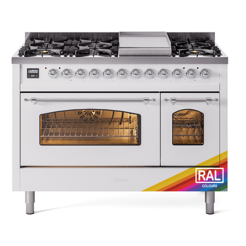 Nostalgie II 48 UP48FNMPRAC Freestanding Dual Fuel Range with 8 Sealed Burners with Griddle Double Oven with Triple Glass Door with Chrome knobs UP48FNMPRAC