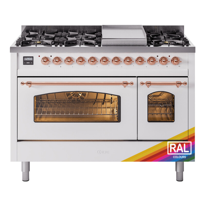 Nostalgie II 48 UP48FNMPRAP Freestanding Dual Fuel Range with 8 Sealed Burners with Griddle Double Oven with Triple Glass Door with Copper knobs UP48FNMPRAPLP