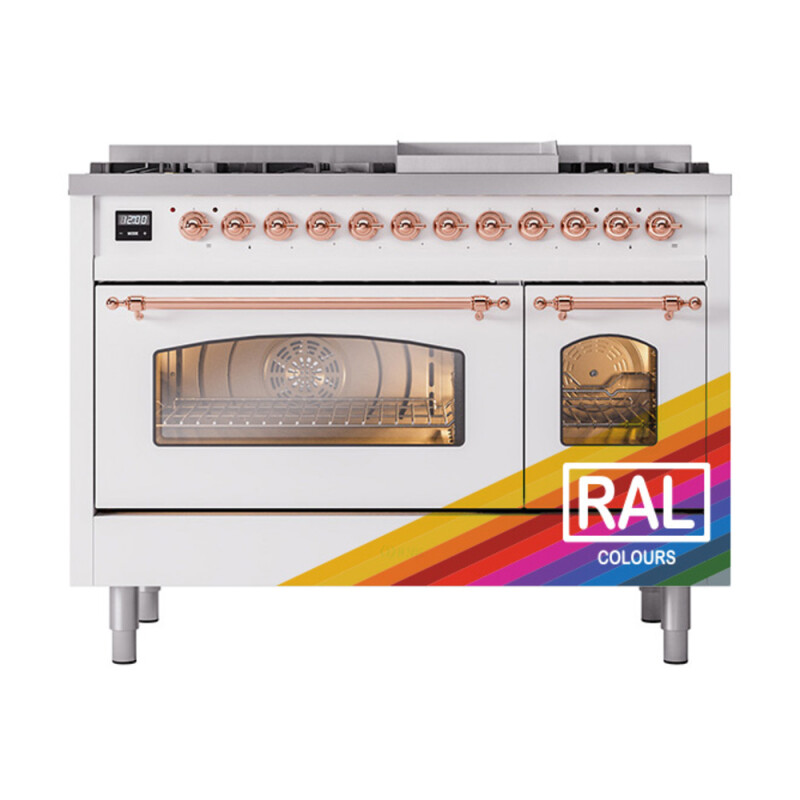 Nostalgie II 48 UP48FNMPRAP Freestanding Dual Fuel Range with 8 Sealed Burners with Griddle Double Oven with Triple Glass Door with Copper knobs UP48FNMPRAPLP