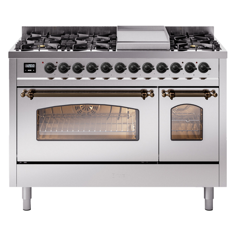 Nostalgie II 48 UP48FNMPSSB Freestanding Dual Fuel Range with 8 Sealed Burners with Griddle Double Oven with Triple Glass Door with Bronze knobs UP48FNMPSSBLP