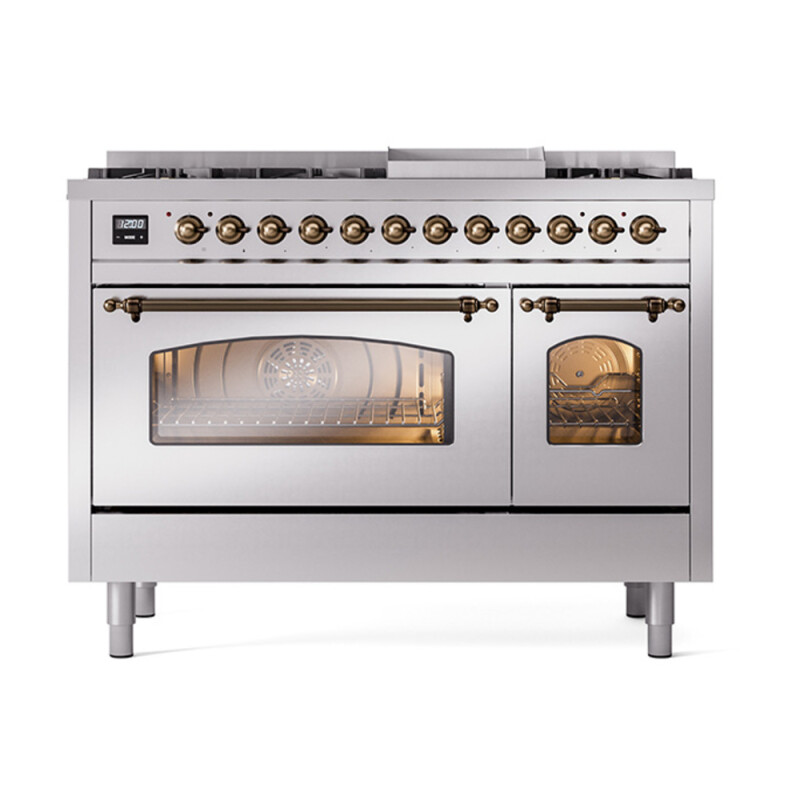 Nostalgie II 48 UP48FNMPSSB Freestanding Dual Fuel Range with 8 Sealed Burners with Griddle Double Oven with Triple Glass Door with Bronze knobs UP48FNMPSSBLP
