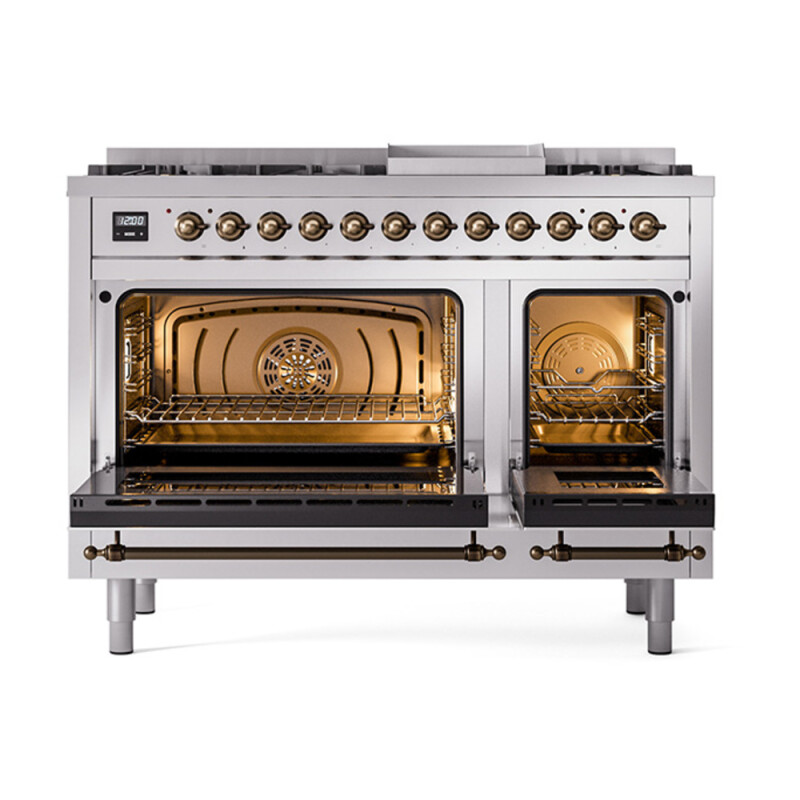 Nostalgie II 48 UP48FNMPSSB Freestanding Dual Fuel Range with 8 Sealed Burners with Griddle Double Oven with Triple Glass Door with Bronze knobs UP48FNMPSSBLP