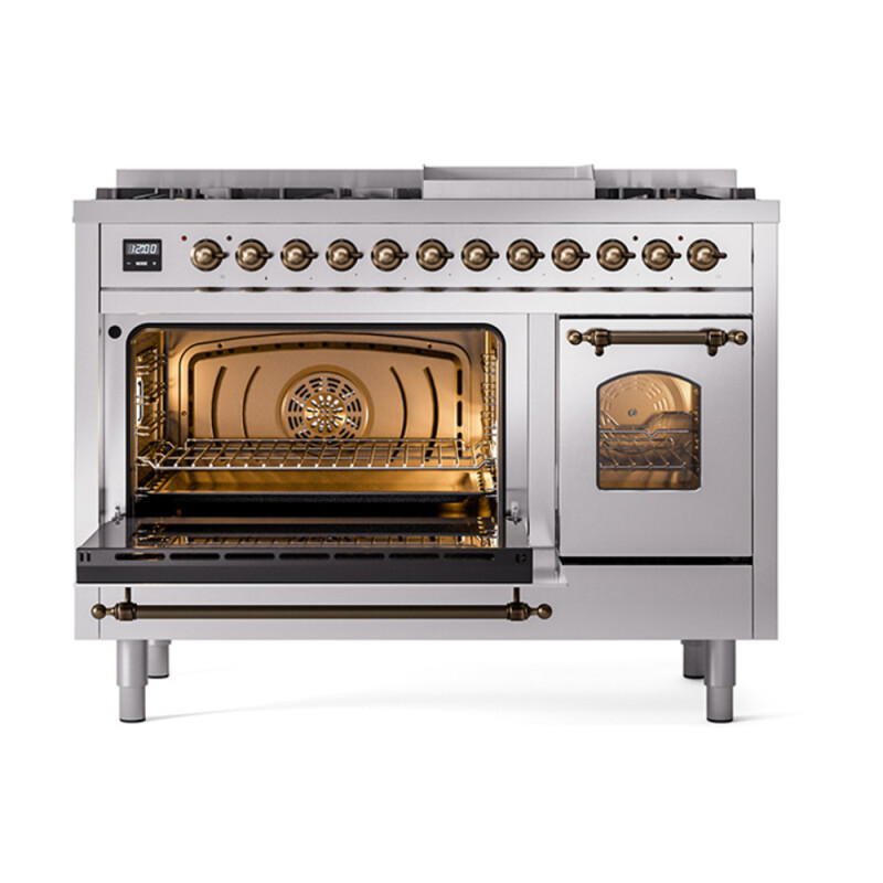 Nostalgie II 48 UP48FNMPSSB Freestanding Dual Fuel Range with 8 Sealed Burners with Griddle Double Oven with Triple Glass Door with Bronze knobs UP48FNMPSSBLP