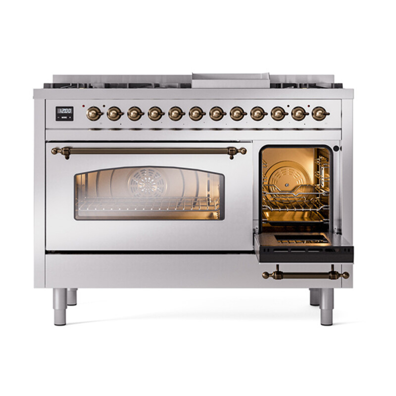 Nostalgie II 48 UP48FNMPSSB Freestanding Dual Fuel Range with 8 Sealed Burners with Griddle Double Oven with Triple Glass Door with Bronze knobs UP48FNMPSSBLP