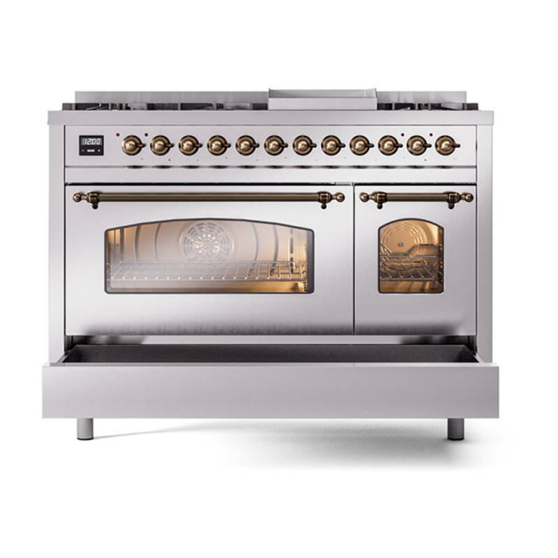 Nostalgie II 48 UP48FNMPSSB Freestanding Dual Fuel Range with 8 Sealed Burners with Griddle Double Oven with Triple Glass Door with Bronze knobs UP48FNMPSSBLP