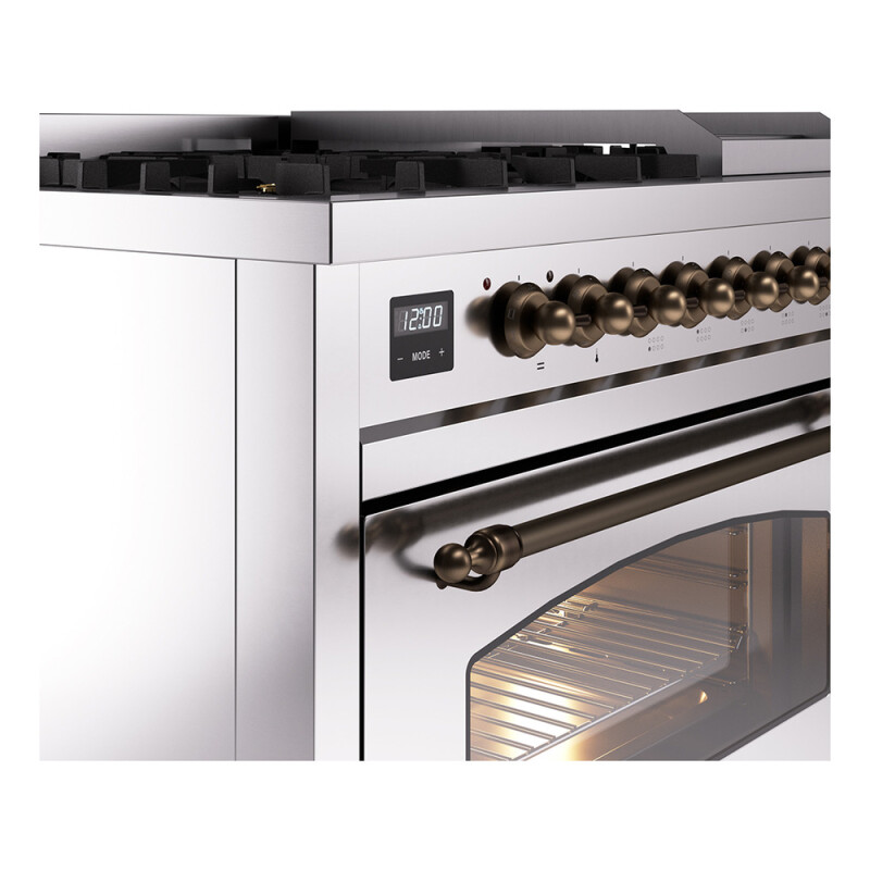 Nostalgie II 48 UP48FNMPSSB Freestanding Dual Fuel Range with 8 Sealed Burners with Griddle Double Oven with Triple Glass Door with Bronze knobs UP48FNMPSSBLP