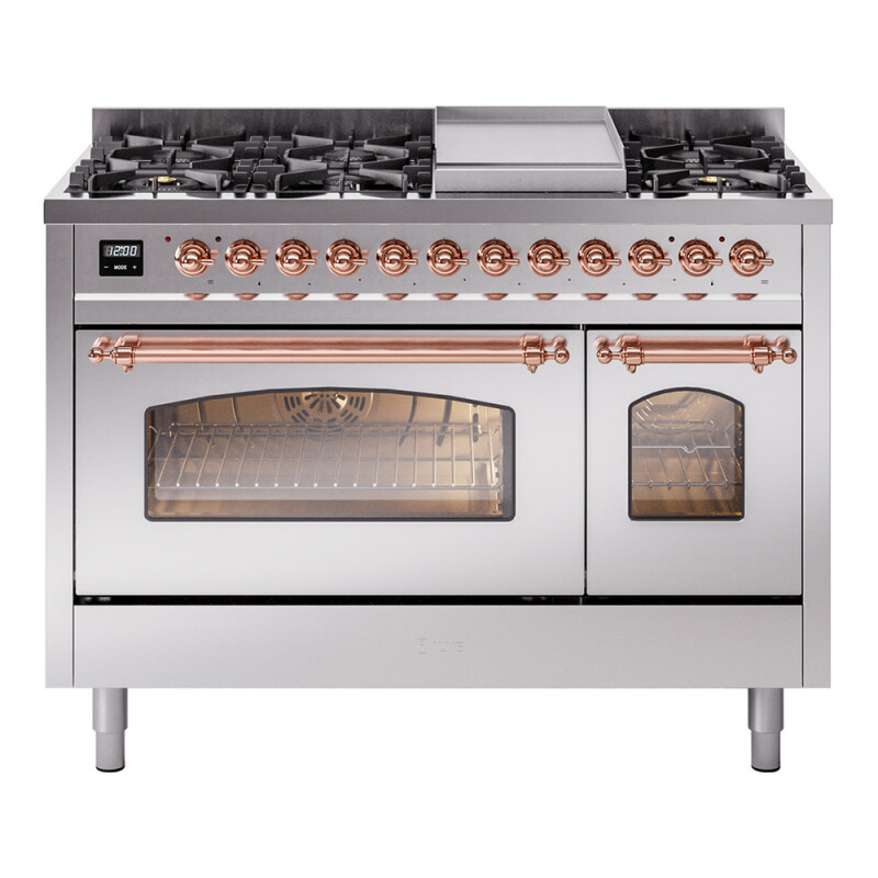 Nostalgie II 48 UP48FNMPSSP Freestanding Dual Fuel Range with 8 Sealed Burners with Griddle Double Oven with Triple Glass Door with Copper knobs UP48FNMPSSPLP