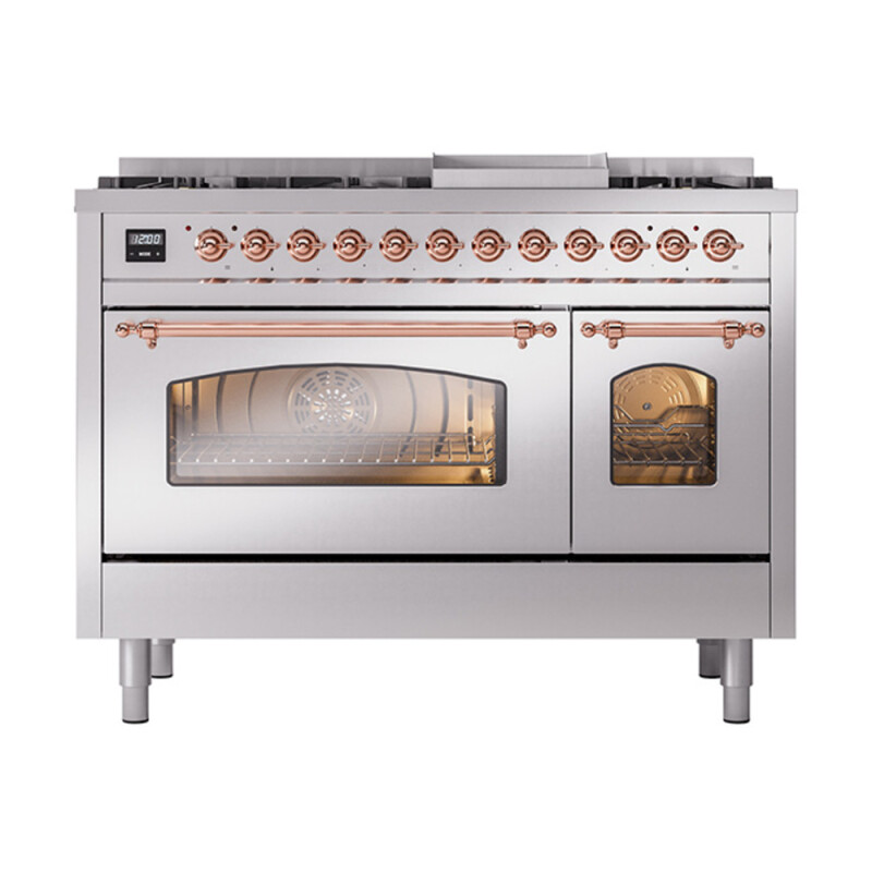 Nostalgie II 48 UP48FNMPSSP Freestanding Dual Fuel Range with 8 Sealed Burners with Griddle Double Oven with Triple Glass Door with Copper knobs UP48FNMPSSPLP