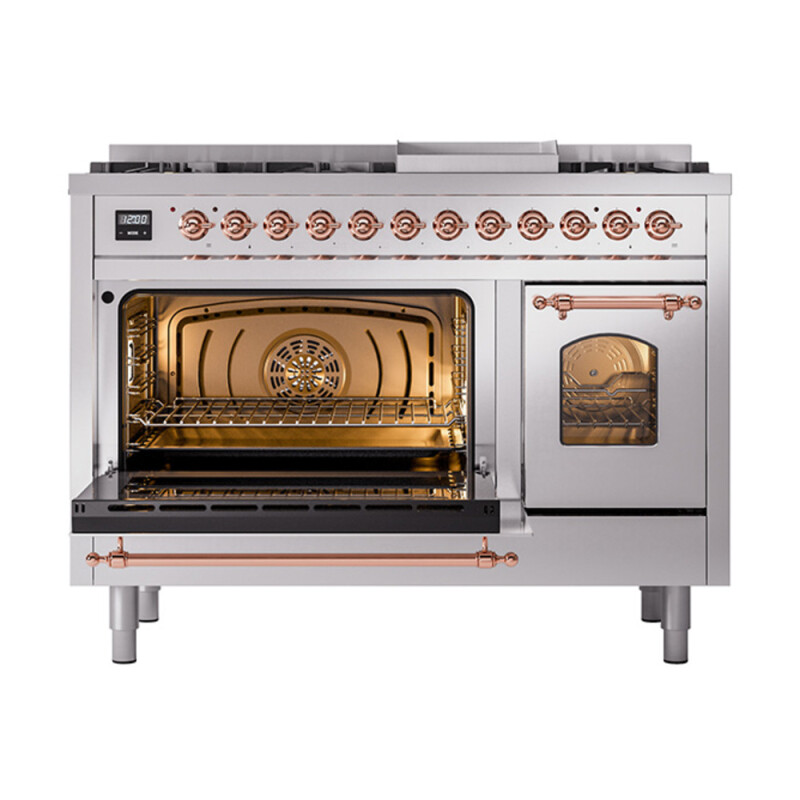 Nostalgie II 48 UP48FNMPSSP Freestanding Dual Fuel Range with 8 Sealed Burners with Griddle Double Oven with Triple Glass Door with Copper knobs UP48FNMPSSPLP