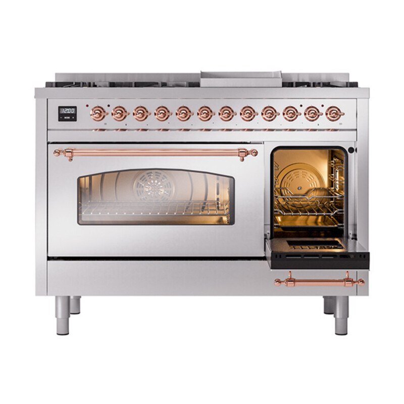 Nostalgie II 48 UP48FNMPSSP Freestanding Dual Fuel Range with 8 Sealed Burners with Griddle Double Oven with Triple Glass Door with Copper knobs UP48FNMPSSPLP