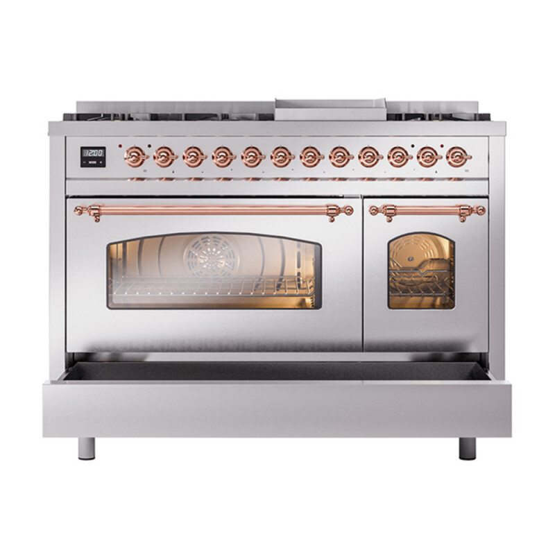 Nostalgie II 48 UP48FNMPSSP Freestanding Dual Fuel Range with 8 Sealed Burners with Griddle Double Oven with Triple Glass Door with Copper knobs UP48FNMPSSPLP