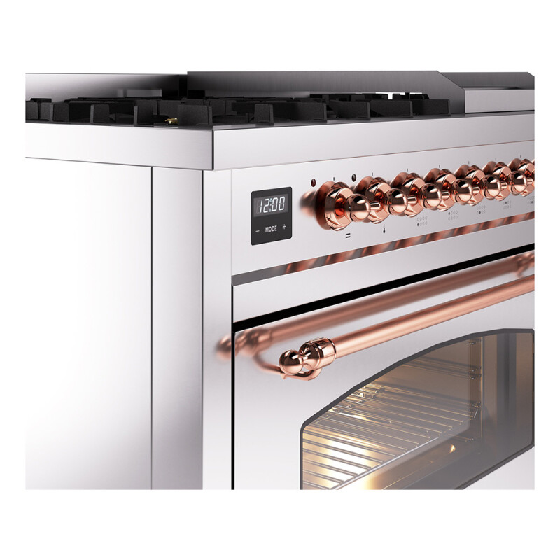 Nostalgie II 48 UP48FNMPSSP Freestanding Dual Fuel Range with 8 Sealed Burners with Griddle Double Oven with Triple Glass Door with Copper knobs UP48FNMPSSPLP