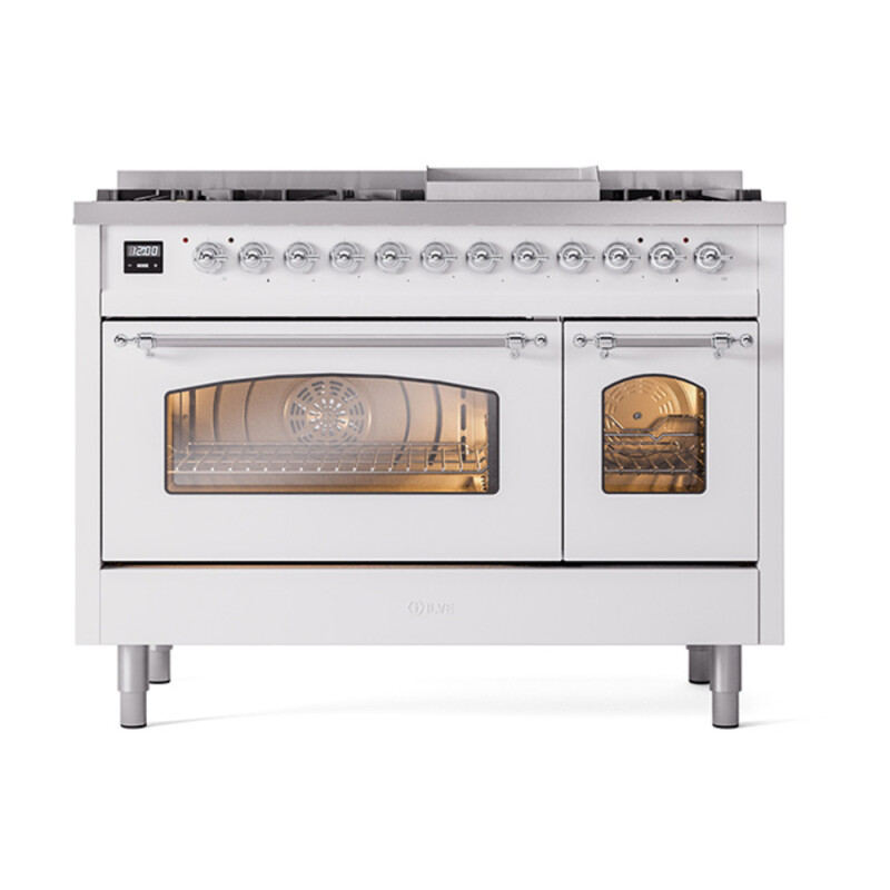 Nostalgie II Series 48 inch Freestanding Dual Fuel Range with Natural Gas, 8 Sealed Burners, Double Ovens, 5.02 cu. ft. Total Oven Capacity, Griddle, Convection Oven, Continuous Grates, Viewi UP48FNMPWHC