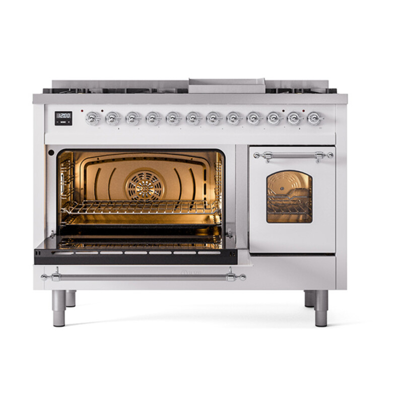 Nostalgie II Series 48 inch Freestanding Dual Fuel Range with Natural Gas, 8 Sealed Burners, Double Ovens, 5.02 cu. ft. Total Oven Capacity, Griddle, Convection Oven, Continuous Grates, Viewi UP48FNMPWHC