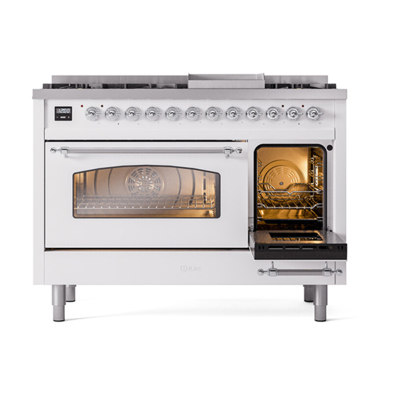 Nostalgie II Series 48 inch Freestanding Dual Fuel Range with Natural Gas, 8 Sealed Burners, Double Ovens, 5.02 cu. ft. Total Oven Capacity, Griddle, Convection Oven, Continuous Grates, Viewi UP48FNMPWHC