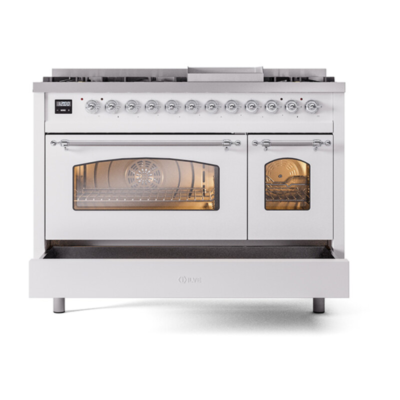 Nostalgie II Series 48 inch Freestanding Dual Fuel Range with Natural Gas, 8 Sealed Burners, Double Ovens, 5.02 cu. ft. Total Oven Capacity, Griddle, Convection Oven, Continuous Grates, Viewi UP48FNMPWHC