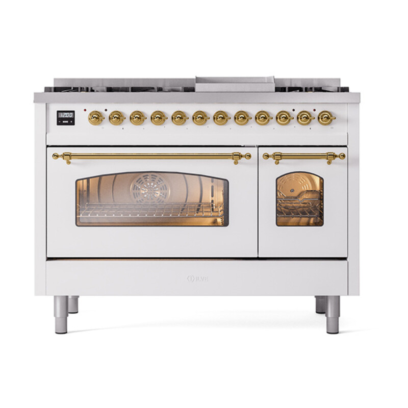 Nostalgie II Series 48 inch Freestanding Dual Fuel Range with Natural Gas, 8 Sealed Burners, Double Ovens, 5.02 cu. ft. Total Oven Capacity, Griddle, Convection Oven, Continuous Grates, Viewi UP48FNMPWHG