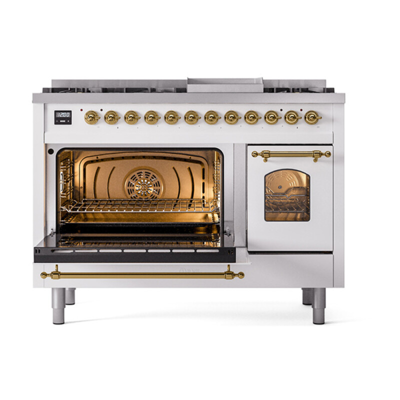 Nostalgie II Series 48 inch Freestanding Dual Fuel Range with Natural Gas, 8 Sealed Burners, Double Ovens, 5.02 cu. ft. Total Oven Capacity, Griddle, Convection Oven, Continuous Grates, Viewi UP48FNMPWHG